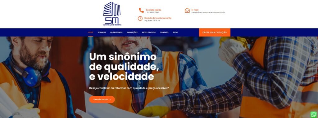 É com grande entusiasmo que revelamos o novo site da SM Construções e Reformas, concebido pelo talentoso time da Agência Digital HGX Criação de Sites e Marketing Digital. Explore nossa plataforma renovada para descobrir as últimas tendências em construção e reforma. Com um design intuitivo, apresentamos nossos projetos, serviços e ideias inovadoras que transformam espaços. Visite-nos em [www.smconstrucoes.com] e mergulhe na excelência em construção. Estamos animados em compartilhar esse novo capítulo, onde a qualidade se encontra com a praticidade, graças à colaboração entre a SM Construções e a expertise da HGX. Seu próximo projeto começa aqui!
